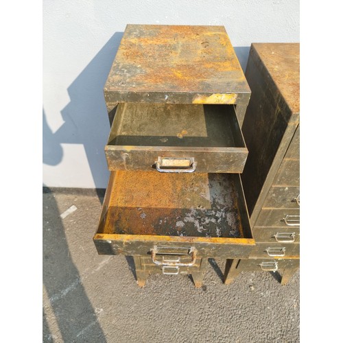 323 - Two Vintage Metal Multi Draw Cabinets including contents wood work and engineering tools plus others