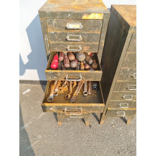 323 - Two Vintage Metal Multi Draw Cabinets including contents wood work and engineering tools plus others