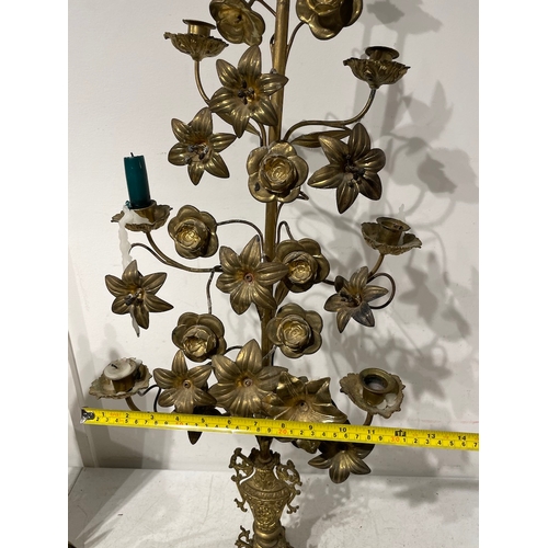 79 - Three Vintage Brass homewares including ornate fan fireguard 60cm x 96cm, decorative candelabra 100c... 