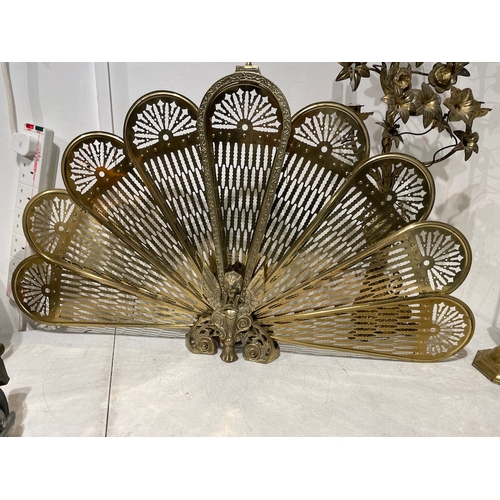 79 - Three Vintage Brass homewares including ornate fan fireguard 60cm x 96cm, decorative candelabra 100c... 