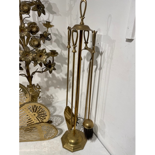 79 - Three Vintage Brass homewares including ornate fan fireguard 60cm x 96cm, decorative candelabra 100c... 