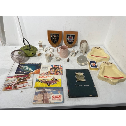 81 - Collection of vintage items inc Brooke Bonds Cigarette Cards, crested ware A/F, Bells Whisky Ashtray... 