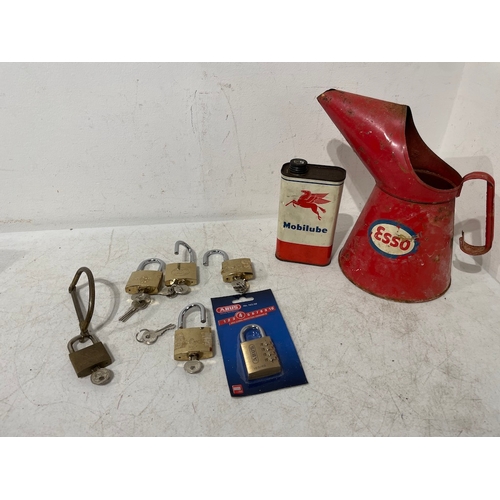 361 - Collection of Brass padlocks & keys + Vintage Esso oil can & Mobilube