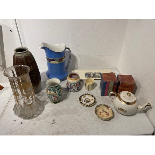 65 - Collection of China / Porcelain / Studio Pottery + Glass etched vase, Poole pottery etc all in good ... 