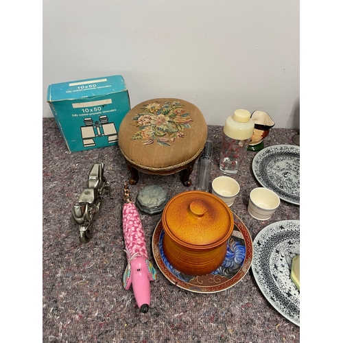 58 - Collection of various sundry collectables inc decorative chargers , vintage footstool + others