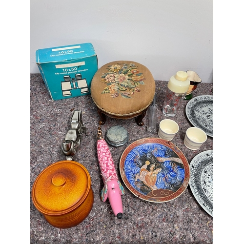 58 - Collection of various sundry collectables inc decorative chargers , vintage footstool + others