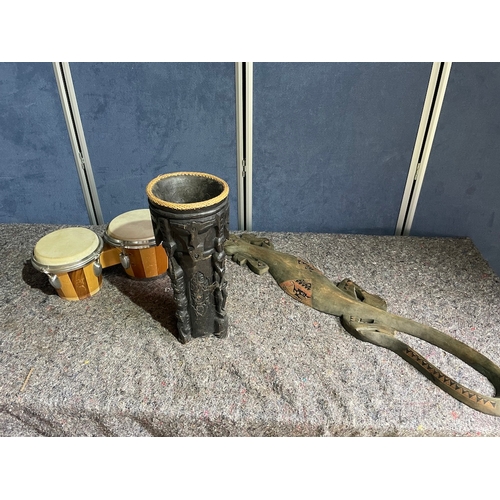 174 - Bongos , African carved drum + carved wooden lizard wall plaque