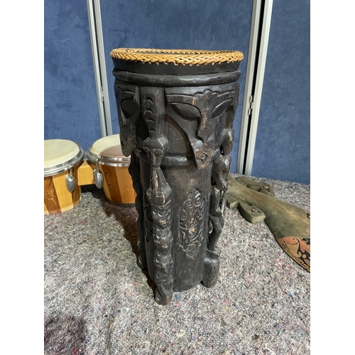 174 - Bongos , African carved drum + carved wooden lizard wall plaque