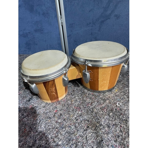 174 - Bongos , African carved drum + carved wooden lizard wall plaque