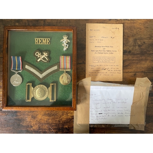 Framed Collection of 2 British Military Medals REME Badges / Buckle