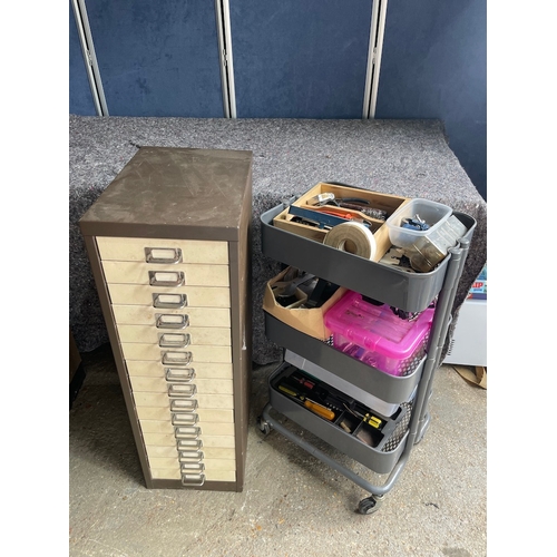 217a - Vintage multi drawer cabinet plus tool trolly with contents includes various tools and bicycle compo... 