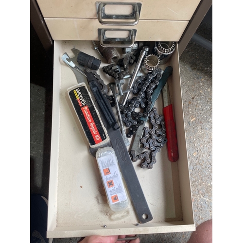 217a - Vintage multi drawer cabinet plus tool trolly with contents includes various tools and bicycle compo... 