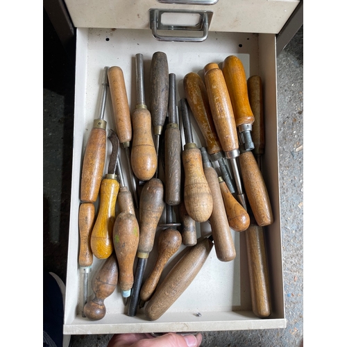 217a - Vintage multi drawer cabinet plus tool trolly with contents includes various tools and bicycle compo... 