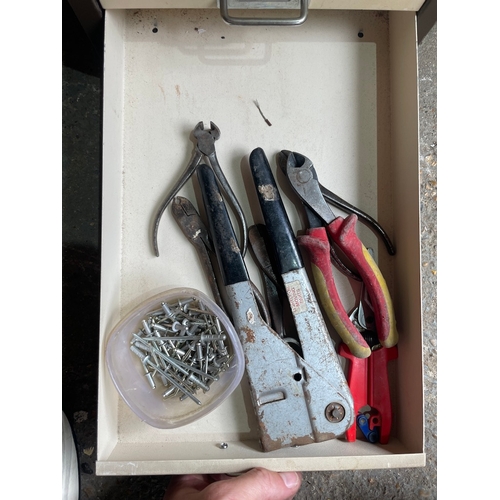 217a - Vintage multi drawer cabinet plus tool trolly with contents includes various tools and bicycle compo... 