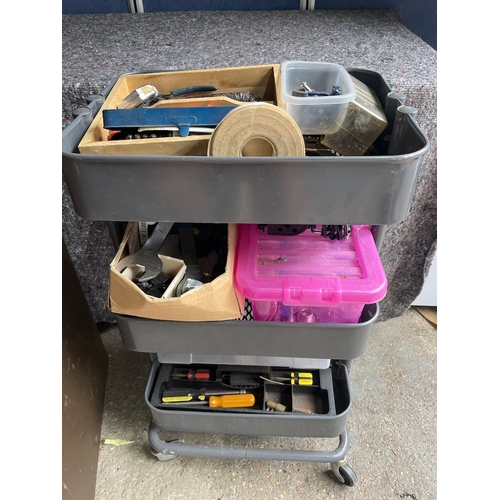 217a - Vintage multi drawer cabinet plus tool trolly with contents includes various tools and bicycle compo... 