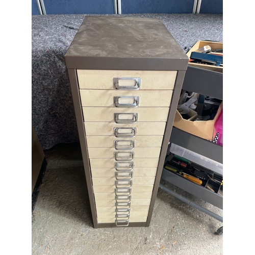 217a - Vintage multi drawer cabinet plus tool trolly with contents includes various tools and bicycle compo... 
