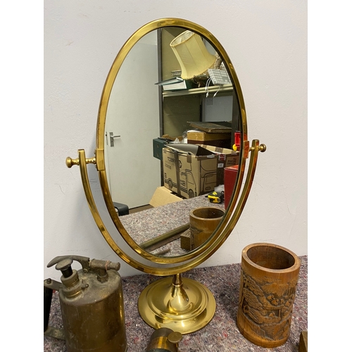 91 - Collection of various vintage goods including oval brass toiletry mirror