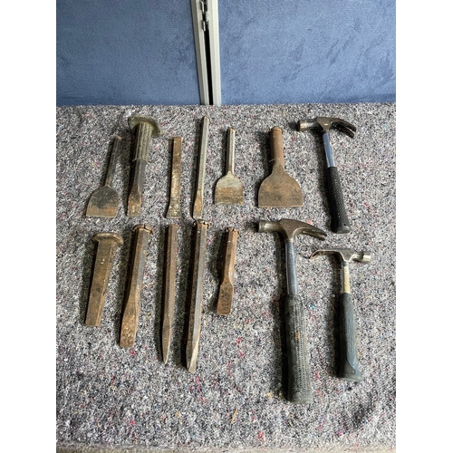 Collection of vintage bolsters & cold chisels + hammers