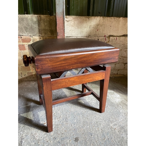 436 - Modern Mahogany Adjustable Piano Stool with Brown Leather Pad
36cm x 49cm 
Lowest 44cm
Highest 54cm