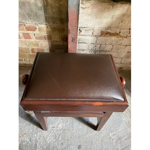 436 - Modern Mahogany Adjustable Piano Stool with Brown Leather Pad
36cm x 49cm 
Lowest 44cm
Highest 54cm