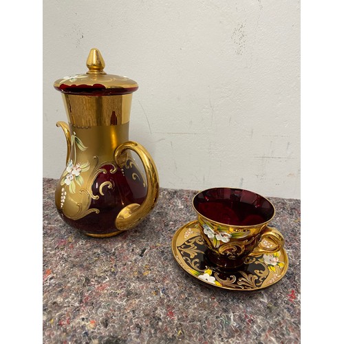 166 - Vintage cranberry and gilded glassware tea set - damage to lid on tea pot