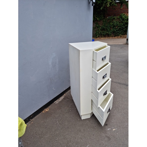 277 - Modern Designer corner white tall boy chest of 4 drawers, draws slide out at an angle - 66cm x 116cm... 