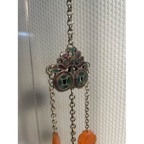 295 - Antique Silver / White Metal Asian / Oriental Chain / Pendant with carved Carnelian / Cloisonné / En... 