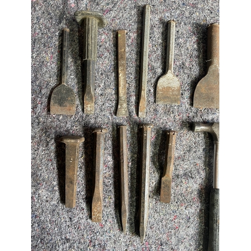 296 - Collection of vintage bolsters & cold chisels + hammers