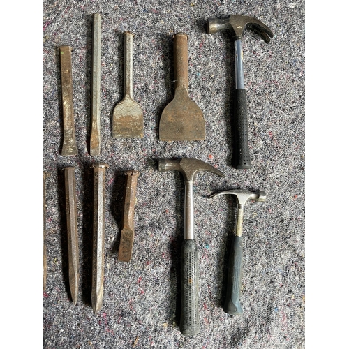 296 - Collection of vintage bolsters & cold chisels + hammers