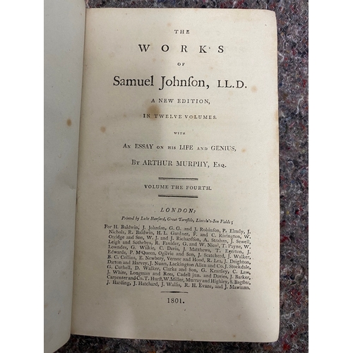 108 - Three 19th Century Leather bound Books inc The Works of Samuel Johnson 4th & 9th Vol 1801 + Transact... 