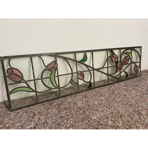 111 - Vintage Lead Stained Glass Window Insert of Tulips - 1 panel has crack 118cm x 31cm