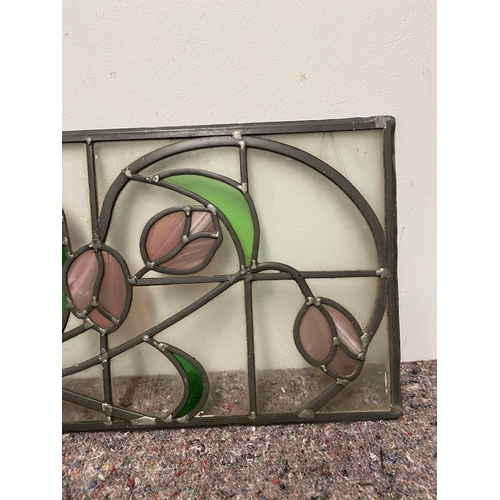 111 - Vintage Lead Stained Glass Window Insert of Tulips - 1 panel has crack 118cm x 31cm