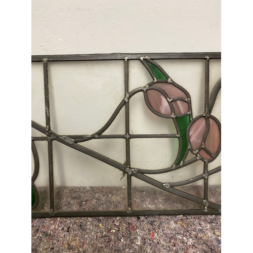 111 - Vintage Lead Stained Glass Window Insert of Tulips - 1 panel has crack 118cm x 31cm