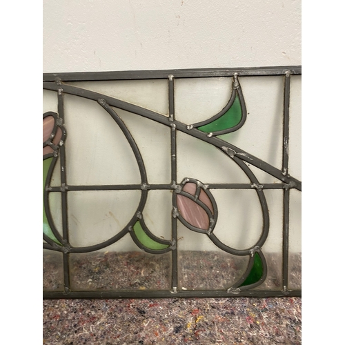 111 - Vintage Lead Stained Glass Window Insert of Tulips - 1 panel has crack 118cm x 31cm