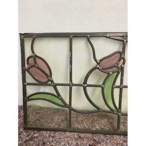 111 - Vintage Lead Stained Glass Window Insert of Tulips - 1 panel has crack 118cm x 31cm