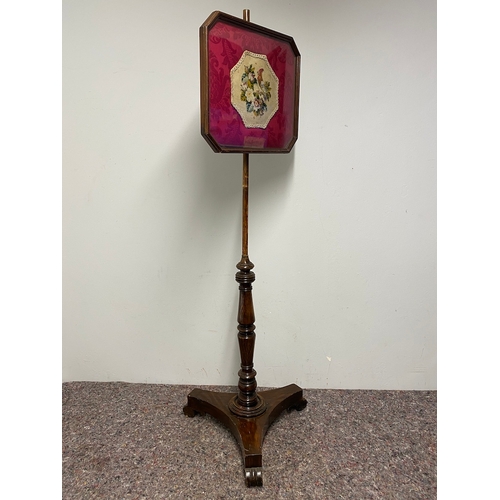 113 - 19th Century Adjustable Fire Screen Stand with Glazed period embroidered