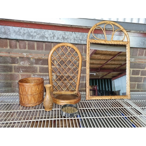 216 - Vintage Cane Loo Roll Holder, Toilet Mirror + magazine rack