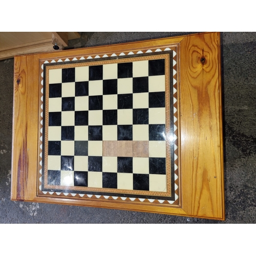 227 - Vintage Pine Chess Table with chess / draughts pieces, 3 section need to be reglued.