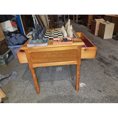 227 - Vintage Pine Chess Table with chess / draughts pieces, 3 section need to be reglued.