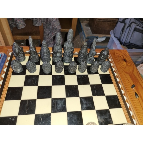 227 - Vintage Pine Chess Table with chess / draughts pieces, 3 section need to be reglued.