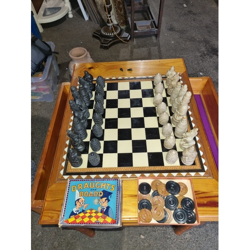 227 - Vintage Pine Chess Table with chess / draughts pieces, 3 section need to be reglued.