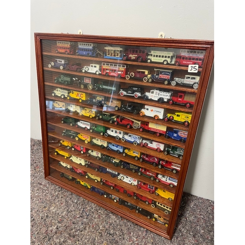 35 - Vintage Mahogany Glazed Collectable Wall Display case with a collection of Yesteryear Cars 63cm x 66... 