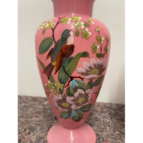 5 - Two 20th century pink opaque glass urns with handprinted decoration 31CM - A/F