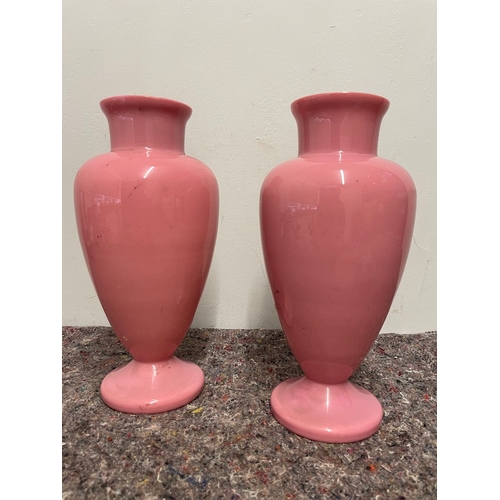 5 - Two 20th century pink opaque glass urns with handprinted decoration 31CM - A/F