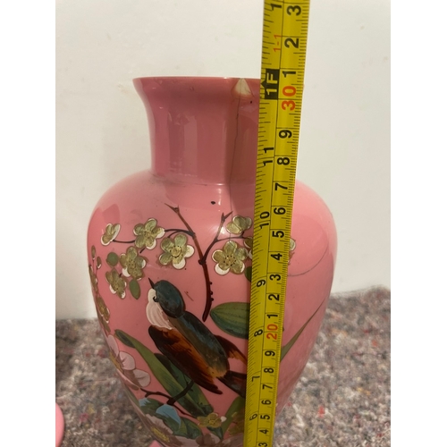 5 - Two 20th century pink opaque glass urns with handprinted decoration 31CM - A/F