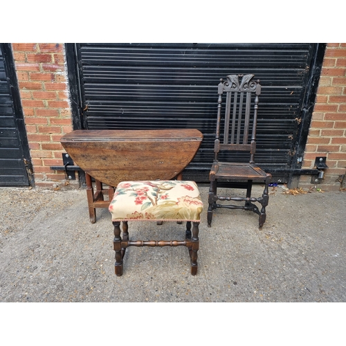 198 - 19th Century Oak Gate Leg Table + 19th Century oak Hall Chair and Stool