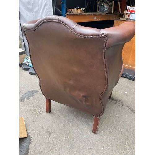 191 - Vintage Brown Chesterfield Buttoned Winged Armchair - indentation to back -