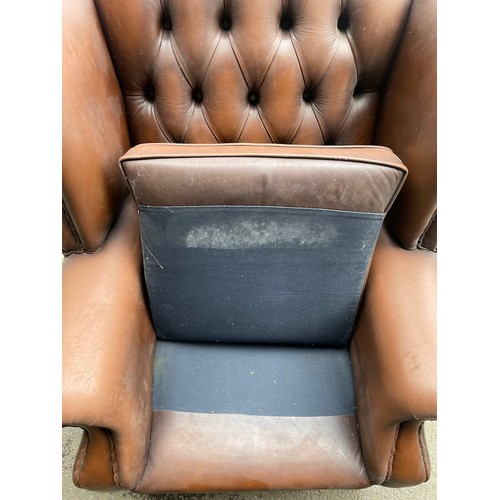 191 - Vintage Brown Chesterfield Buttoned Winged Armchair - indentation to back -