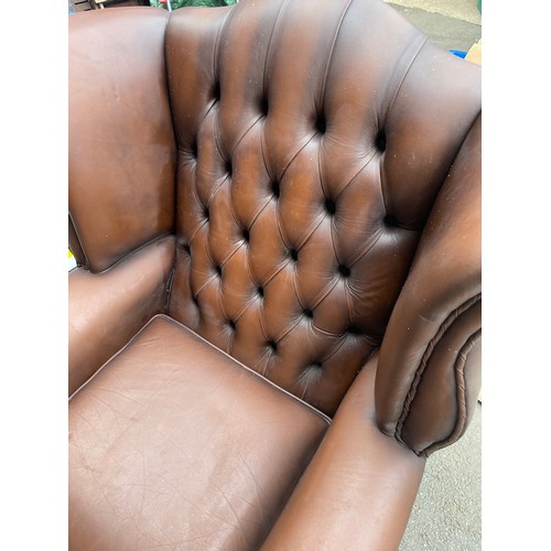 191 - Vintage Brown Chesterfield Buttoned Winged Armchair - indentation to back -