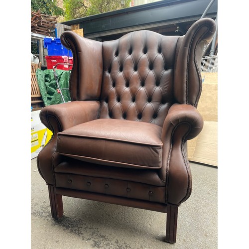 191 - Vintage Brown Chesterfield Buttoned Winged Armchair - indentation to back -